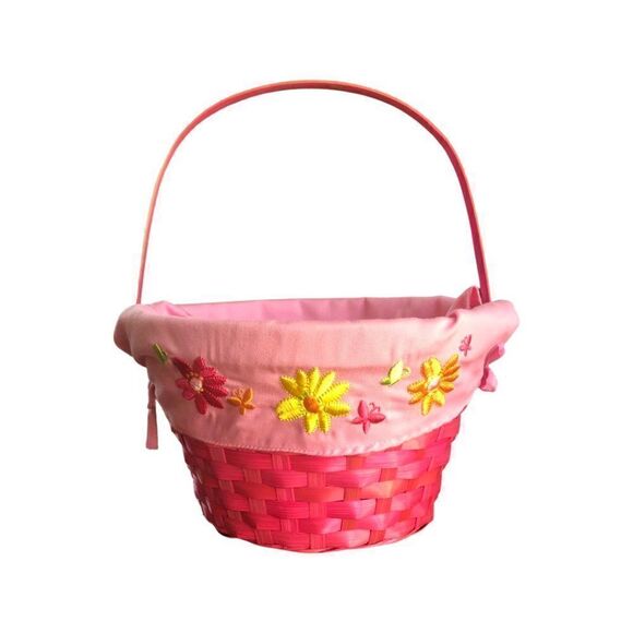 Other - Pink Easter Basket with Flower and Butterfly Embroidered Linen